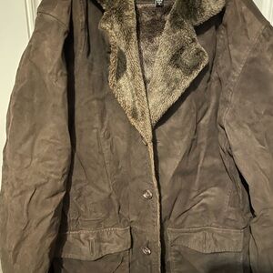 Charles Klein brand Warm Brown leather Coat with Fur Collar